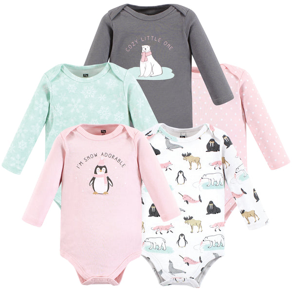 Hudson Baby Girl Cotton Long-Sleeve Bodysuits, Arctic Animals, 5-Pack