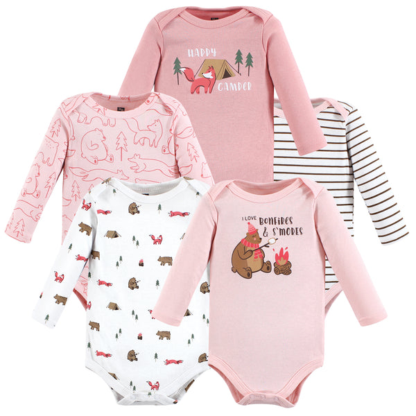 Hudson Baby Girls Cotton Long-Sleeve Bodysuits, Camping Animals, 5-Pack