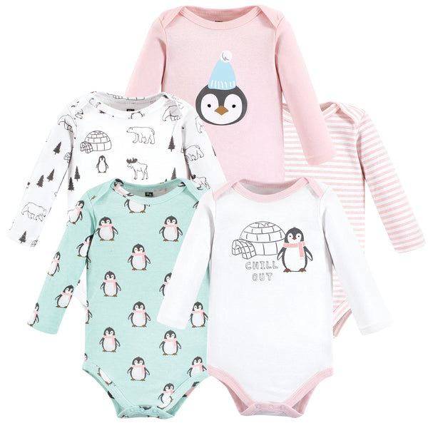 Hudson Baby Girls Cotton Long-Sleeve Bodysuits, Penguin, 5-Pack