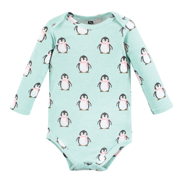 Hudson Baby Girls Cotton Long-Sleeve Bodysuits, Penguin, 5-Pack