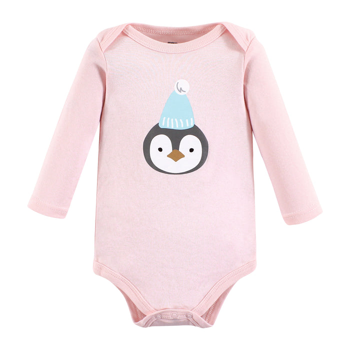 Hudson Baby Girls Cotton Long-Sleeve Bodysuits, Penguin, 5-Pack