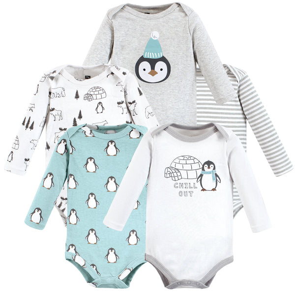 Hudson Baby 5-Pack Cotton Long-Sleeve Bodysuits, Chill Out Penguin