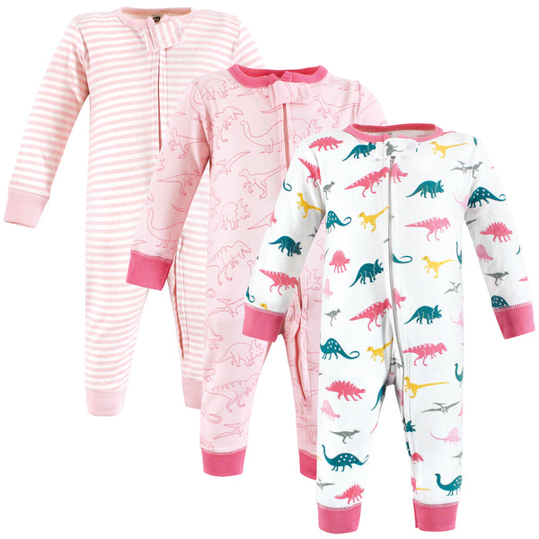 Hudson Baby Girl Cotton Sleep and Play, Dino, 3-Pack