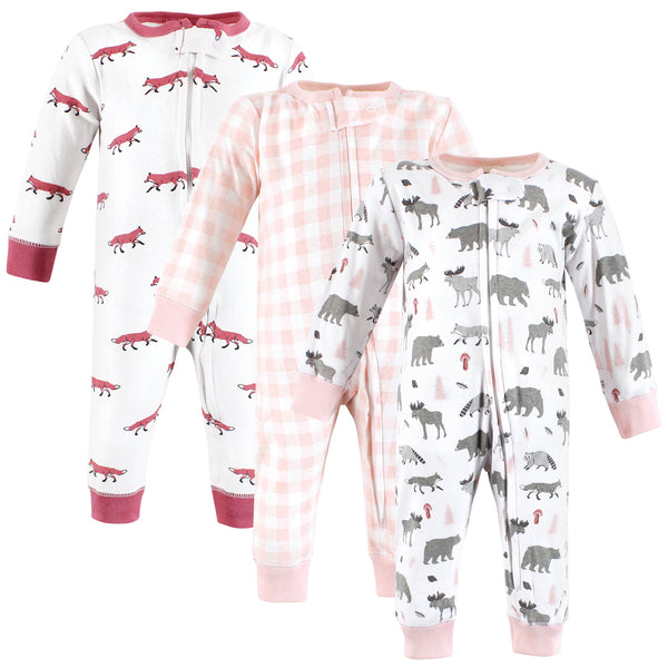 Hudson Baby Girl Cotton Sleep and Play, Woodland Animals, 3-Pack