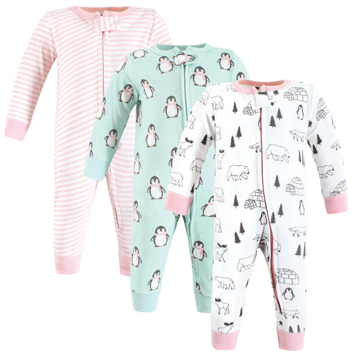 Hudson Baby Girl Cotton Sleep and Play, Penguin, 3-Pack