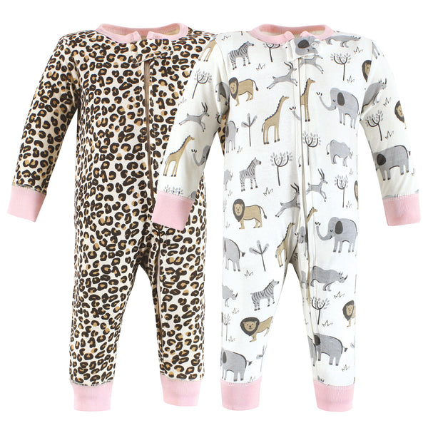 Hudson Baby Girl Cotton Sleep and Play, Safari Leopard, 2-Pack