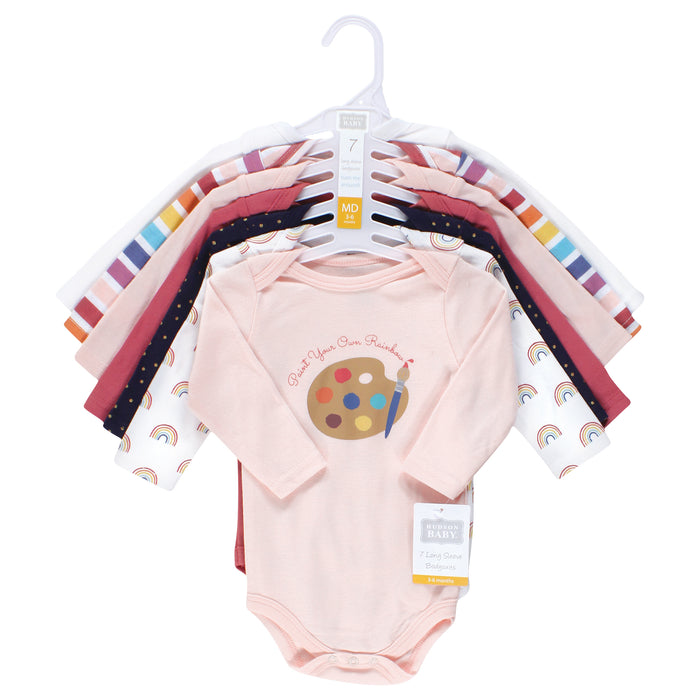 Hudson Baby Girl Cotton Long-Sleeve Bodysuits, Creativity, 7-Pack