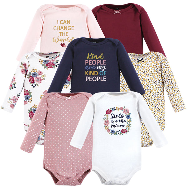 Hudson Baby Girl Cotton Long-Sleeve Bodysuits, Girls World 7-Pack