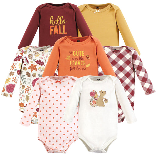 Hudson Baby Girl Cotton Long-Sleeve Bodysuits, Fall Squirrel 7-Pack