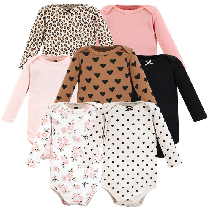 Hudson Baby Girl Cotton Long-Sleeve Bodysuits, Cinnamon Pink Prints 7-Pack