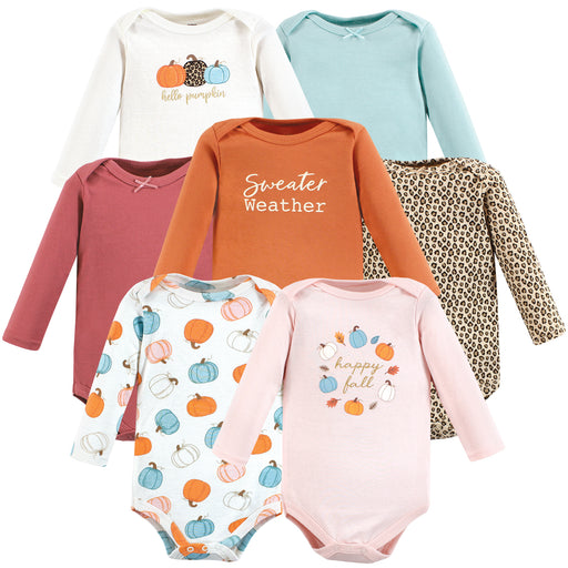 Hudson Baby Girl Cotton Long-Sleeve Bodysuits, Happy Fall 7-Pack