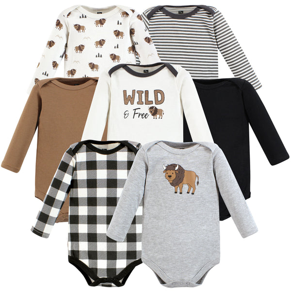 Hudson Baby Infant Boy Cotton Long-Sleeve Bodysuits, Wild Buffalo 7-Pack