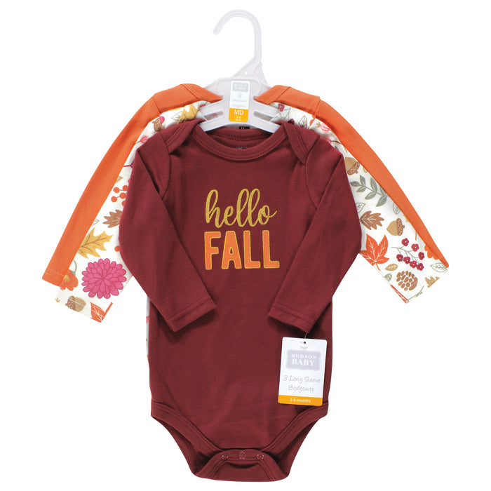 Hudson Baby Girl Cotton Long-Sleeve Bodysuits, Hello Fall, 3-Pack