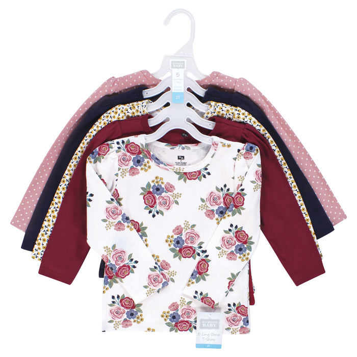 Hudson Baby Girl Long Sleeve T-Shirts, Blush Navy Floral, 5-Pack