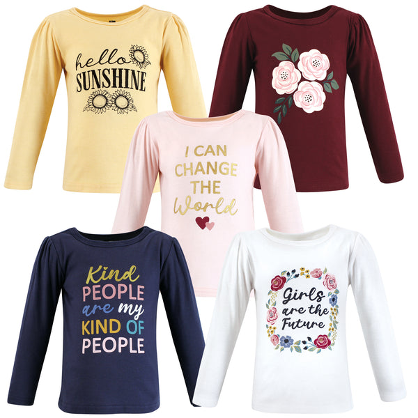 Hudson Baby Girl Long Sleeve T-Shirts, Girls World, 5-Pack