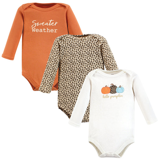 Hudson Baby Girl Cotton Long-Sleeve Bodysuits, Leopard Pumpkin, 3-Pack