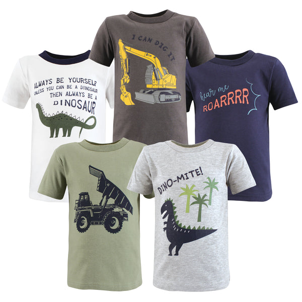 Hudson Baby Toddler Boy Short Sleeve T-Shirts, Construction Dino, 5-Pack