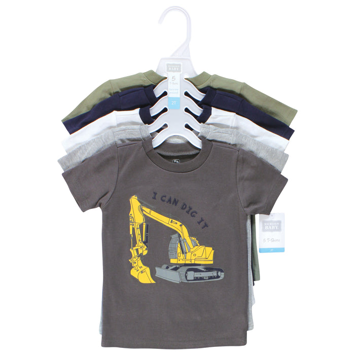 Hudson Baby Toddler Boy Short Sleeve T-Shirts, Construction Dino, 5-Pack