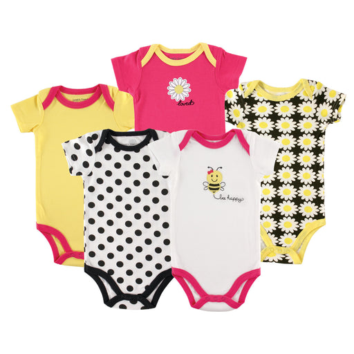 Luvable Friends Baby Girl Cotton Bodysuits 5 Pack, Bee