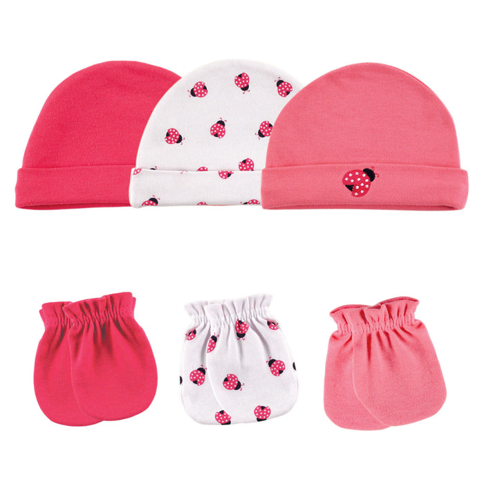 Luvable Friends Baby Girl Cotton Caps and Scratch Mittens 6 Pack, Ladybug 0-6 Months