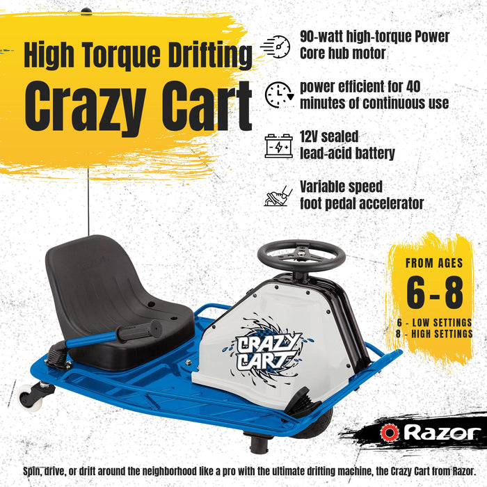 Razor High Torque Motorized Drifting Crazy Cart with Drift Bar, Blue (2 Pack)