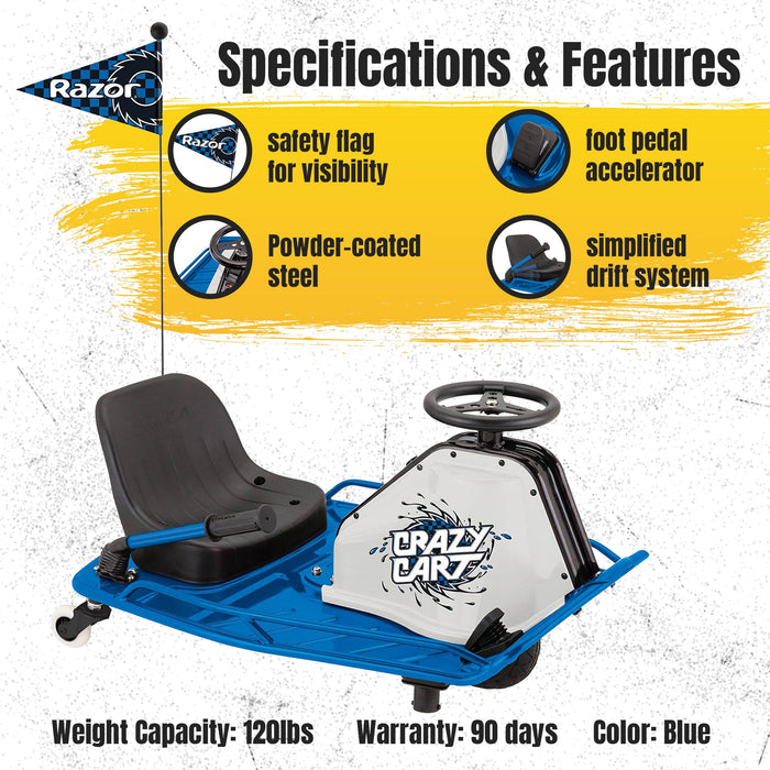 Razor High Torque Motorized Drifting Crazy Cart with Drift Bar, Blue (2 Pack)