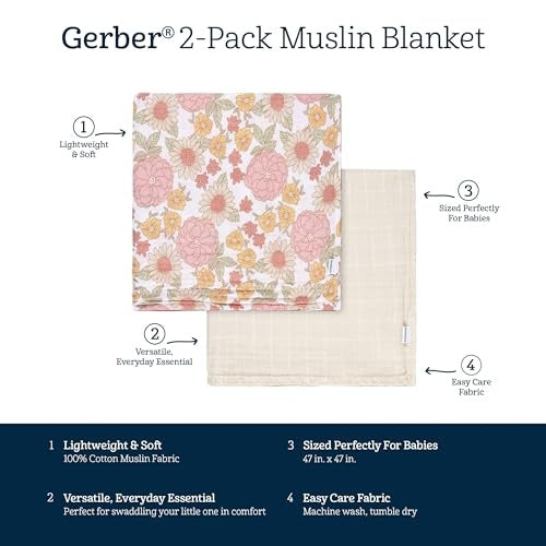 Gerber 2 Pack Muslins Blanket - Retro Floral