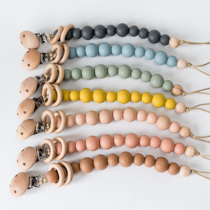 Babeehive Goods Mustard Silicone Bead & Wood Ring Pacifier Clip