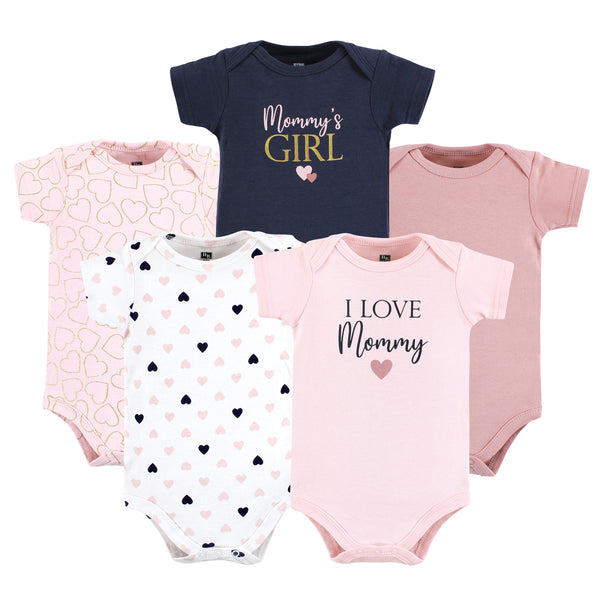 Hudson Baby Infant Girl Cotton Bodysuits, Girl Mommy Pink Navy 5 Pack