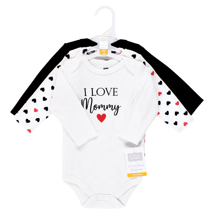Hudson Baby Infant Girl Cotton Long-Sleeve Bodysuits, Girl Mommy Red Black 3-Pack