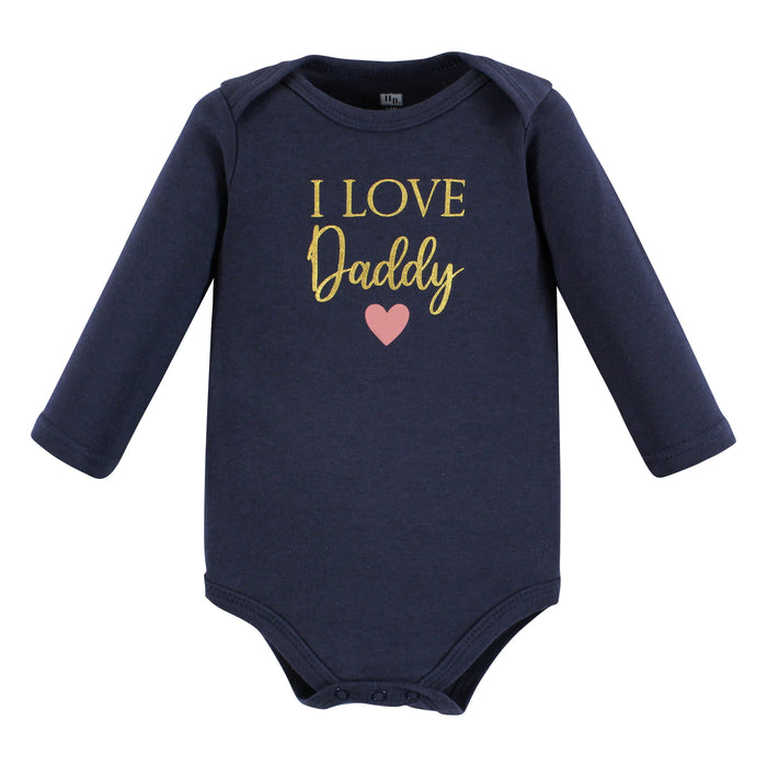 Hudson Baby Infant Girl Cotton Long-Sleeve Bodysuits, Girl Daddy Pink Navy 3-Pack