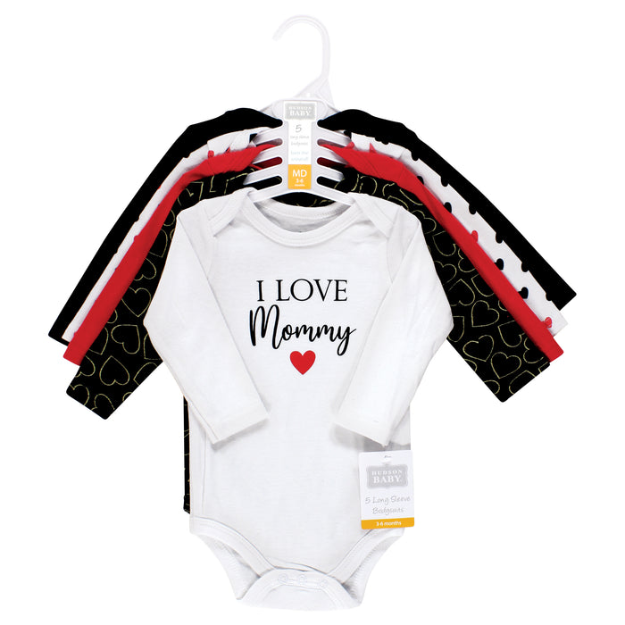 Hudson Baby Infant Girl Cotton Long-Sleeve Bodysuits, Girl Mommy Red Black 5-Pack