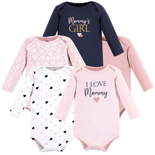 Hudson Baby Infant Girl Cotton Long-Sleeve Bodysuits, Girl Mommy Pink Navy 5-Pack