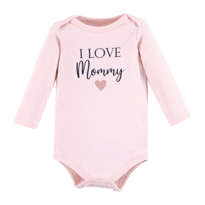 Hudson Baby Infant Girl Cotton Long-Sleeve Bodysuits, Girl Mommy Pink Navy 5-Pack