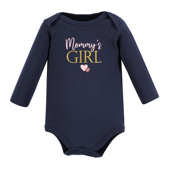 Hudson Baby Infant Girl Cotton Long-Sleeve Bodysuits, Girl Mommy Pink Navy 5-Pack