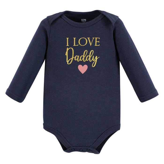 Hudson Baby Infant Girl Cotton Long-Sleeve Bodysuits, Girl Daddy Pink Navy 5-Pack