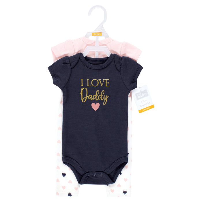 Hudson Baby Infant Girl Cotton Bodysuit and Pant Set, Daddy Pink Navy