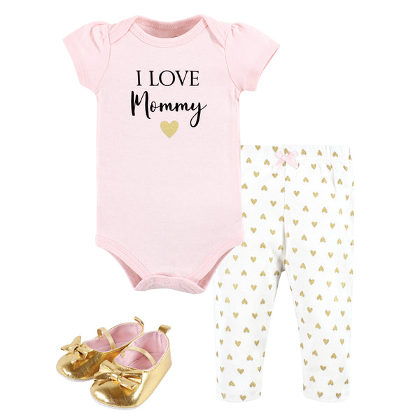 Hudson Baby Infant Girl Cotton Bodysuit, Pant and Shoe Set, I Love Mommy