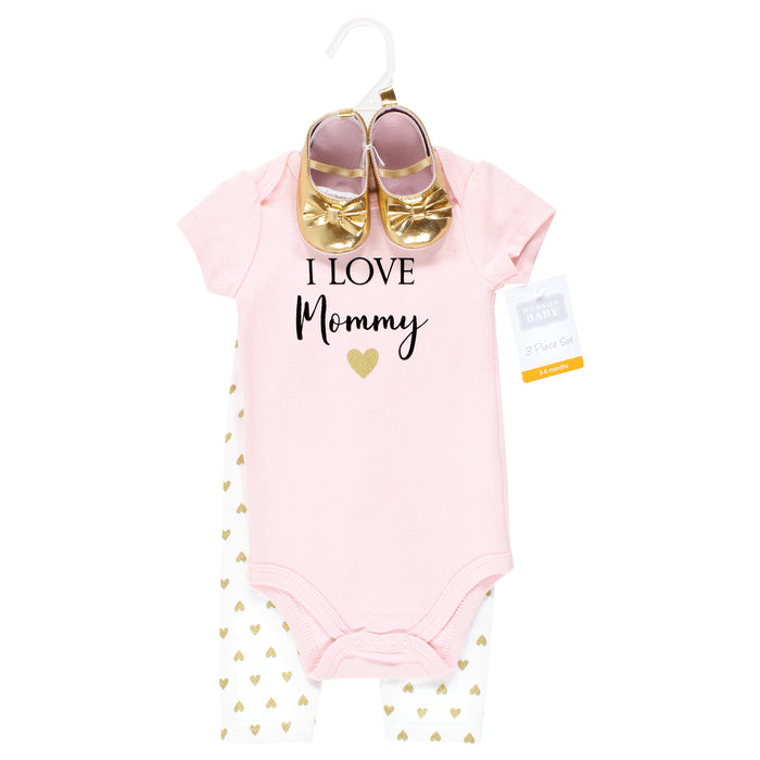 Hudson Baby Infant Girl Cotton Bodysuit, Pant and Shoe Set, I Love Mommy