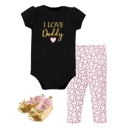 Hudson Baby Infant Girl Cotton Bodysuit, Pant and Shoe Set, I Love Daddy