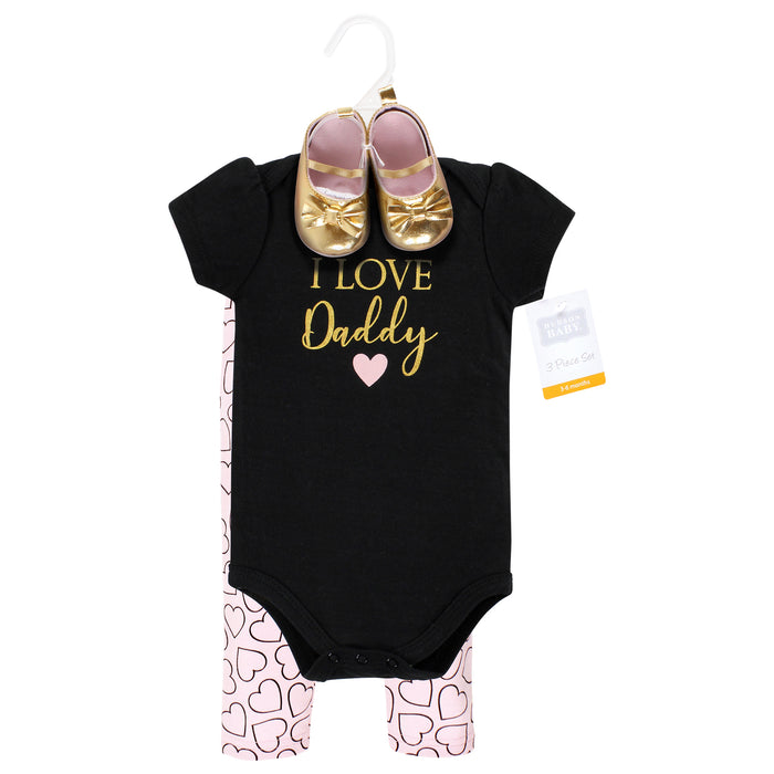 Hudson Baby Infant Girl Cotton Bodysuit, Pant and Shoe Set, I Love Daddy