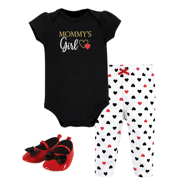 Hudson Baby Infant Girl Cotton Bodysuit, Pant and Shoe Set, Mommy's Girl