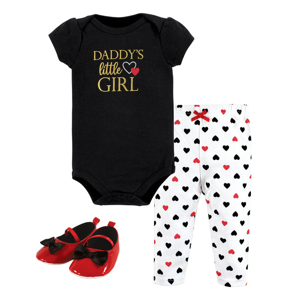 Hudson Baby Infant Girl Cotton Bodysuit, Pant and Shoe Set, Girl Daddy Red Black