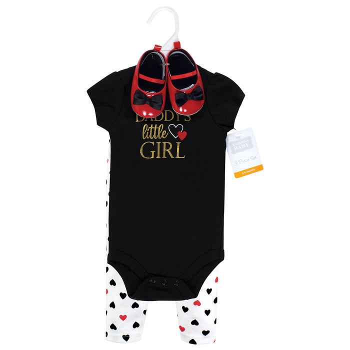 Hudson Baby Infant Girl Cotton Bodysuit, Pant and Shoe Set, Girl Daddy Red Black