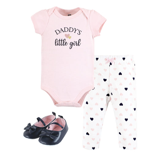 Hudson Baby Infant Girl Cotton Bodysuit, Pant and Shoe Set, Girl Daddy Pink Navy