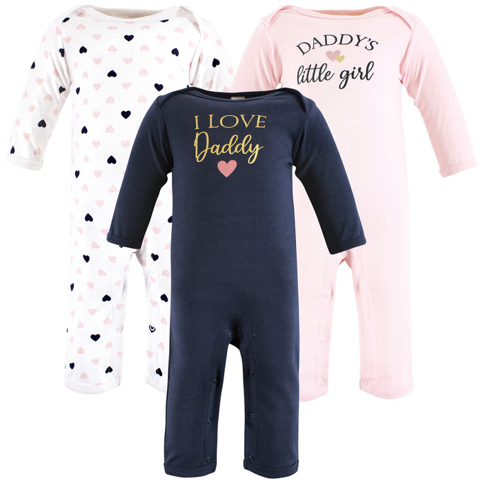 Hudson Baby Infant Girl Cotton Coveralls, Girl Daddy Pink Navy, 3-Pack