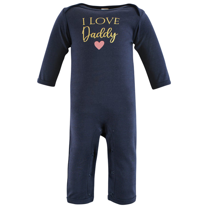 Hudson Baby Infant Girl Cotton Coveralls, Girl Daddy Pink Navy, 3-Pack