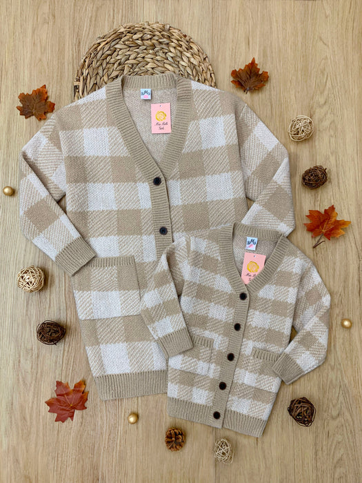 Mia Belle Girls Mommy and Me Beige and White Checkered Oversized Cardigan
