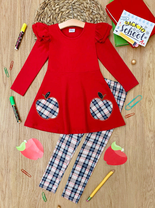 Mia Belle Girls Fashion Class Apple Peplum Tunic and Plaid Legging Set