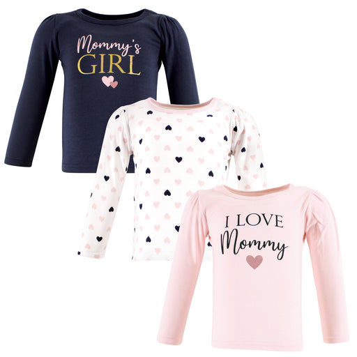 Hudson Baby Infant Girl Long Sleeve T-Shirts, Girl Mommy Pink Navy, 3-Pack